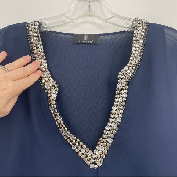 Casting Blouse - V-Neck, Jeweled Neckline, Blooming Sleeves - Blue & Silver - S - Picture 3 of 8